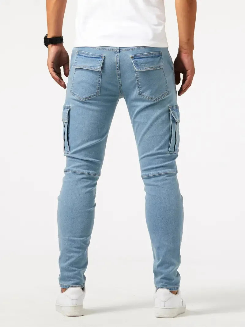 30-36 Street Elastic Jeans Men Denim Cargo Pants Wash Solid Color Multi Pockets Casual Mid Waist Trousers Slim Daily Wear Jogger