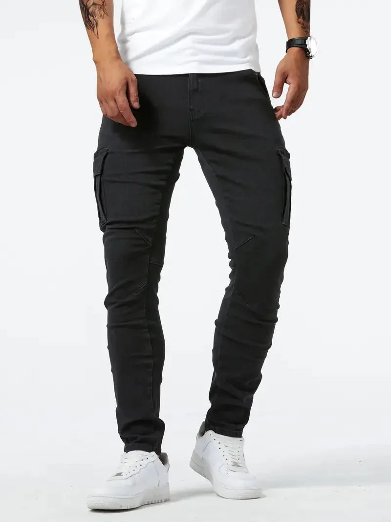 30-36 Street Elastic Jeans Men Denim Cargo Pants Wash Solid Color Multi Pockets Casual Mid Waist Trousers Slim Daily Wear Jogger