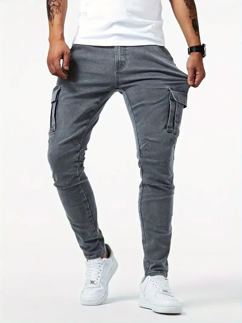 30-36 Street Elastic Jeans Men Denim Cargo Pants Wash Solid Color Multi Pockets Casual Mid Waist Trousers Slim Daily Wear Jogger