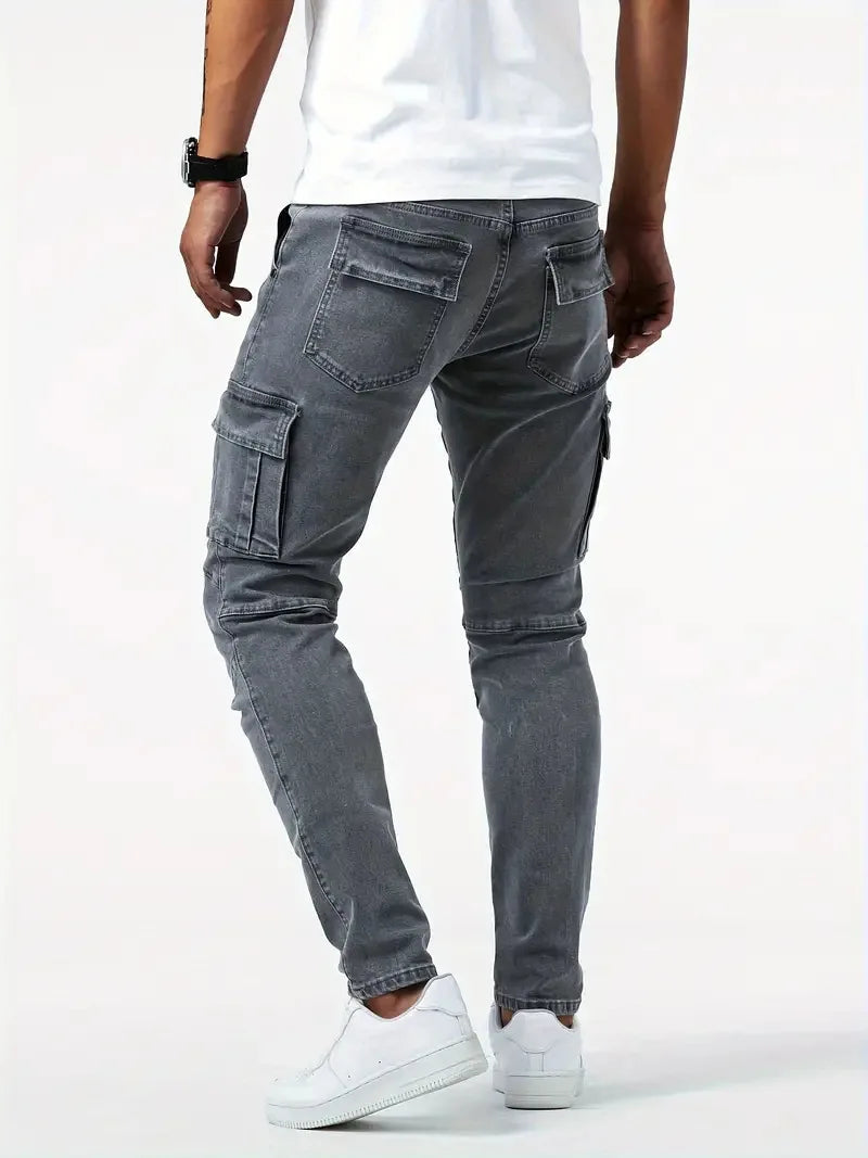 30-36 Street Elastic Jeans Men Denim Cargo Pants Wash Solid Color Multi Pockets Casual Mid Waist Trousers Slim Daily Wear Jogger