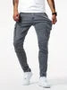 30-36 Street Elastic Jeans Men Denim Cargo Pants Wash Solid Color Multi Pockets Casual Mid Waist Trousers Slim Daily Wear Jogger