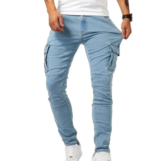 30-36 Street Elastic Jeans Men Denim Cargo Pants Wash Solid Color Multi Pockets Casual Mid Waist Trousers Slim Daily Wear Jogger