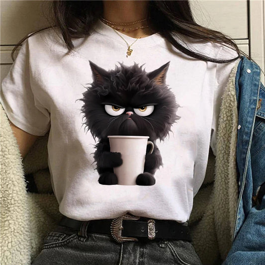Camiseta blanca con estampado de gato divertido para mujer